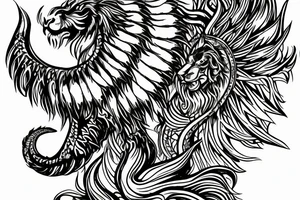 Mystical lion dragon shaman pegasus
Lions mane
Dragons wings
Dragons claws
Crystal ball
Vertical orientation
Vertically stacked
Dark
Spiritual
No white lines
White background tattoo idea