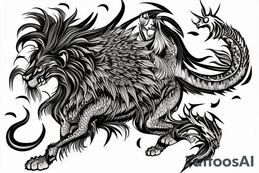 Mystical lion dragon shaman pegasus
Lions mane
Dragons wings
Dragons claws
Crystal ball
Vertical orientation
Vertically stacked
Dark
Spiritual
No white lines
White background tattoo idea