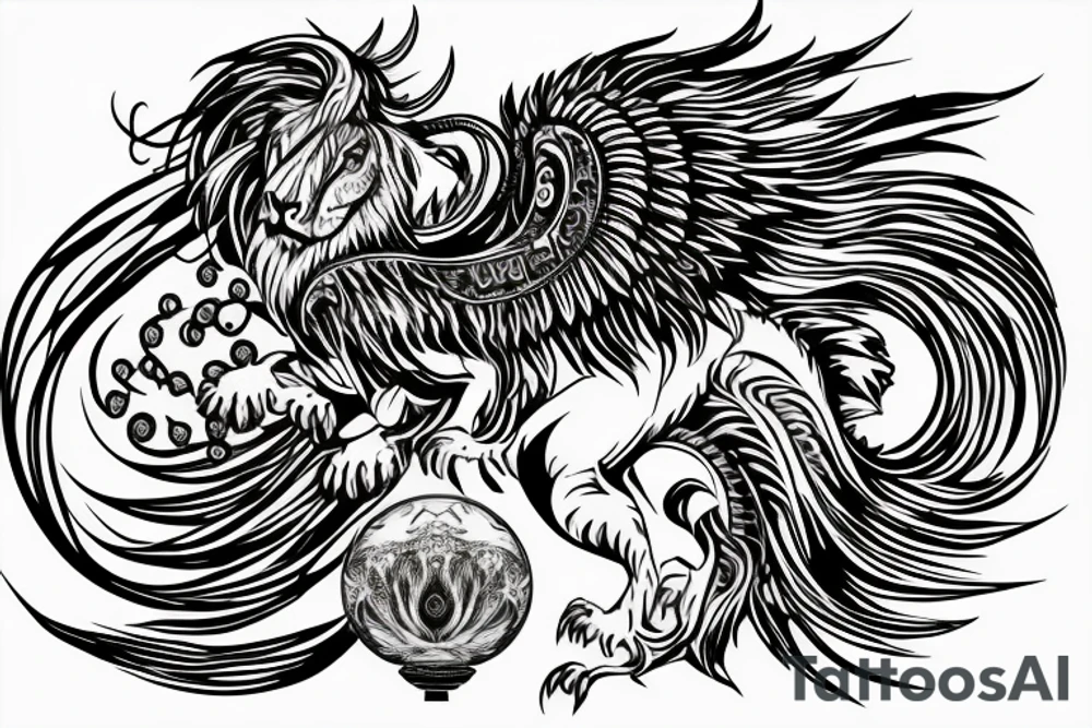Mystical lion dragon shaman pegasus
Lions mane
Dragons wings
Dragons claws
Crystal ball
Vertical orientation
Vertically stacked
Dark
Spiritual
No white lines
White background tattoo idea
