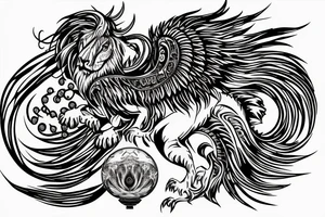 Mystical lion dragon shaman pegasus
Lions mane
Dragons wings
Dragons claws
Crystal ball
Vertical orientation
Vertically stacked
Dark
Spiritual
No white lines
White background tattoo idea
