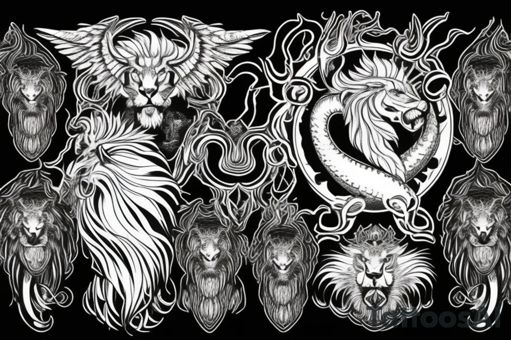 Mystical lion dragon shaman pegasus
Lions mane
Dragons wings
Dragons claws
Crystal ball
Vertical orientation
Vertically stacked
Dark
Spiritual
No white lines
White background tattoo idea