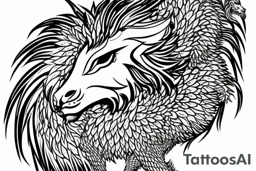 Mystical lion dragon shaman pegasus
Lions mane
Dragons wings
Dragons claws
Crystal ball
Vertical orientation
Vertically stacked
Dark
Spiritual
No white lines
White background tattoo idea