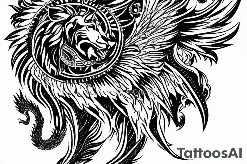 Mystical lion dragon shaman pegasus
Lions mane
Dragons wings
Dragons claws
Crystal ball
Vertical orientation
Vertically stacked
Dark
Spiritual
No white lines
White background tattoo idea