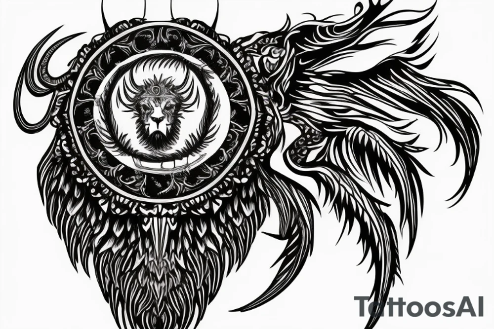Mystical lion dragon shaman pegasus
Lions mane
Dragons wings
Dragons claws
Crystal ball
Vertical orientation
Vertically stacked
Dark
Spiritual
No white lines
White background tattoo idea