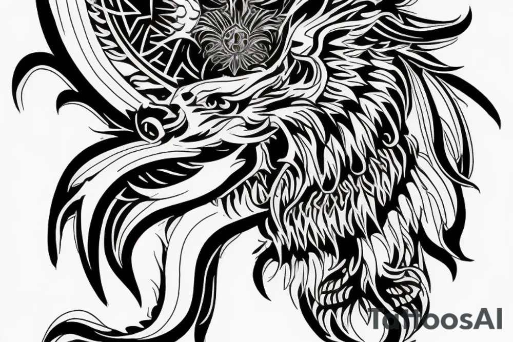 Mystical lion dragon shaman pegasus
Lions mane
Dragons wings
Dragons claws
Crystal ball
Vertical orientation
Vertically stacked
Dark
Spiritual
No white lines
White background tattoo idea