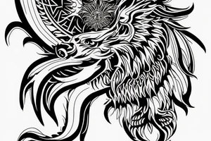 Mystical lion dragon shaman pegasus
Lions mane
Dragons wings
Dragons claws
Crystal ball
Vertical orientation
Vertically stacked
Dark
Spiritual
No white lines
White background tattoo idea