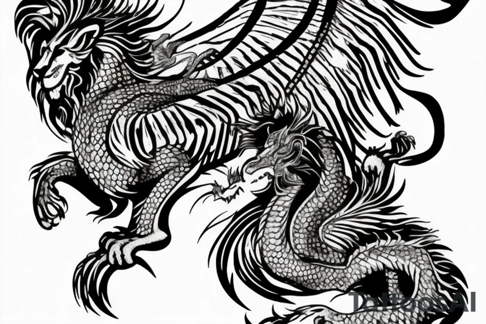 Tattoo, Portrait, Mystical lion dragon shaman pegasus, Lions mane, Dragons wings, Dragons claws, Crystal ball, Vertical orientation, Vertically stacked, Dark, Spiritual, No white lines, White background, Black and White, Dragon in negative space as wings, dragons feet holding ball, lions feet holding ball, lion in front of dragon tattoo idea