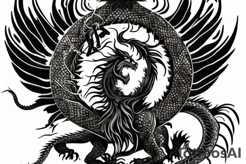 Tattoo, Portrait, Mystical lion dragon shaman pegasus, Lions mane, Dragons wings, Dragons claws, Crystal ball, Vertical orientation, Vertically stacked, Dark, Spiritual, No white lines, White background, Black and White, Dragon in negative space as wings, dragons feet holding ball, lions feet holding ball, lion in front of dragon tattoo idea