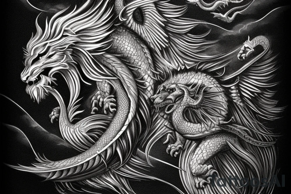 Tattoo, Portrait, Mystical lion dragon shaman pegasus, Lions mane, Dragons wings, Dragons claws, Crystal ball, Vertical orientation, Vertically stacked, Dark, Spiritual, No white lines, White background, Black and White, Dragon in negative space as wings, dragons feet holding ball, lions feet holding ball, lion in front of dragon tattoo idea