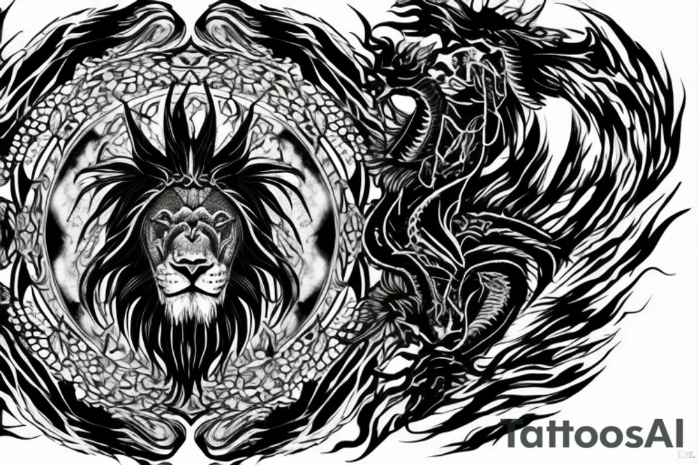 Tattoo, Portrait, Mystical lion dragon shaman pegasus, Lions mane, Dragons wings, Dragons claws, Crystal ball, Vertical orientation, Vertically stacked, Dark, Spiritual, No white lines, White background, Black and White, Dragon in negative space as wings, dragons feet holding ball, lions feet holding ball, lion in front of dragon tattoo idea