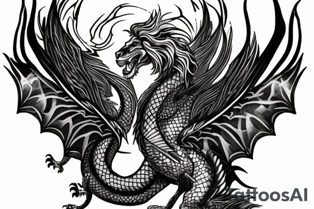 Tattoo, Portrait, Mystical lion dragon shaman pegasus, Lions mane, Dragons wings, Dragons claws, Crystal ball, Vertical orientation, Vertically stacked, Dark, Spiritual, No white lines, White background, Black and White, Dragon in negative space as wings, dragons feet holding ball, lions feet holding ball, lion in front of dragon tattoo idea