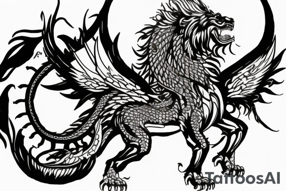 Tattoo, Portrait, Mystical lion dragon shaman pegasus, Lions mane, Dragons wings, Dragons claws, Crystal ball, Vertical orientation, Vertically stacked, Dark, Spiritual, No white lines, White background, Black and White, Dragon in negative space as wings, dragons feet holding ball, lions feet holding ball, lion in front of dragon tattoo idea