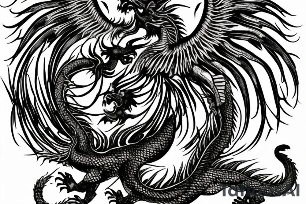 Tattoo, Portrait, Mystical lion dragon shaman pegasus, Lions mane, Dragons wings, Dragons claws, Crystal ball, Vertical orientation, Vertically stacked, Dark, Spiritual, No white lines, White background, Black and White, Dragon in negative space as wings, dragons feet holding ball, lions feet holding ball, lion in front of dragon tattoo idea