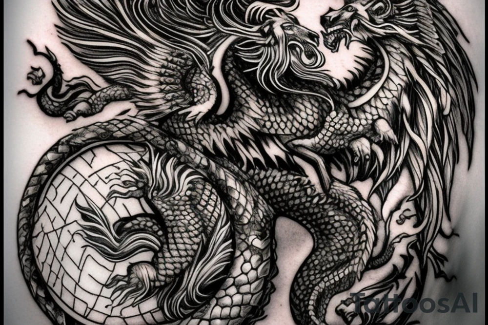 Tattoo, Portrait, Mystical lion dragon shaman pegasus, Lions mane, Dragons wings, Dragons claws, Crystal ball, Vertical orientation, Vertically stacked, Dark, Spiritual, No white lines, White background, Black and White, Dragon in negative space as wings, dragons feet holding ball, lions feet holding ball, lion in front of dragon tattoo idea