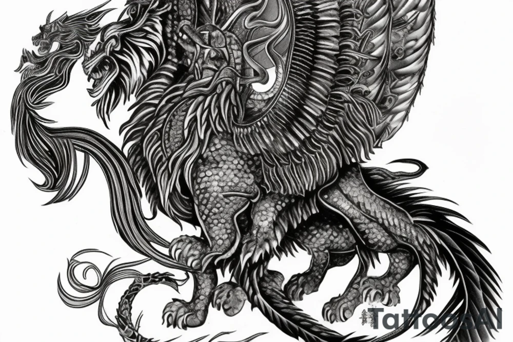 Tattoo, Portrait, Mystical lion dragon shaman pegasus, Lions mane, Dragons wings, Dragons claws, Crystal ball, Vertical orientation, Vertically stacked, Dark, Spiritual, No white lines, White background, Black and White, Dragon in negative space as wings, dragons feet holding ball, lions feet holding ball, lion in front of dragon tattoo idea