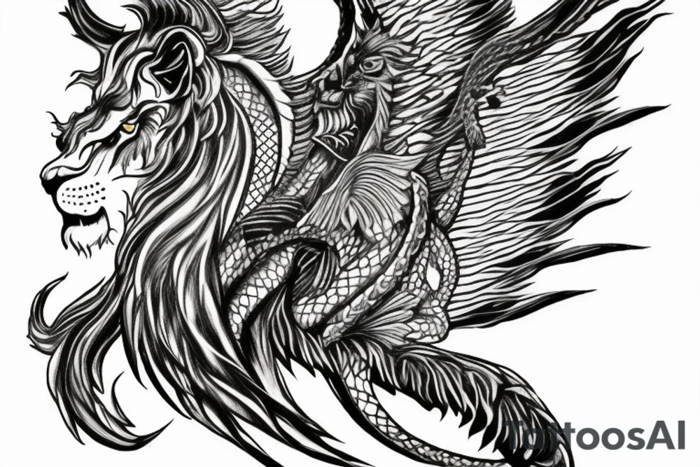 Tattoo, Portrait, Mystical lion dragon shaman pegasus, Lions mane, Dragons wings, Dragons claws, Crystal ball, Vertical orientation, Vertically stacked, Dark, Spiritual, No white lines, White background, Black and White, Dragon in negative space as wings, dragons feet holding ball, lions feet holding ball, lion in front of dragon tattoo idea
