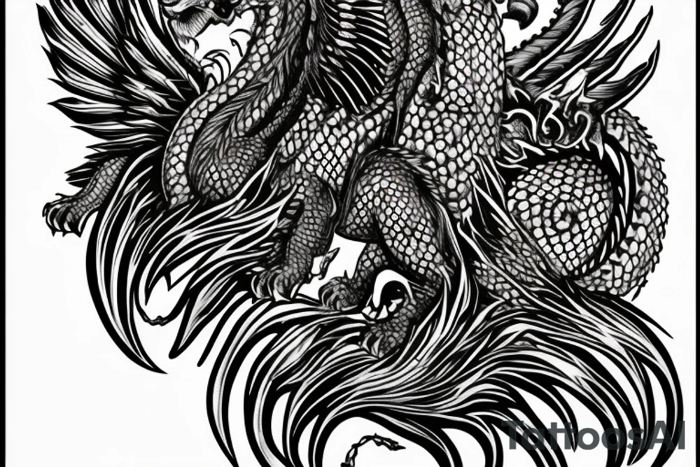 Tattoo, Portrait, Mystical lion dragon shaman pegasus, Lions mane, Dragons wings, Dragons claws, Crystal ball, Vertical orientation, Vertically stacked, Dark, Spiritual, No white lines, White background, Black and White, Dragon in negative space as wings, dragons feet holding ball, lions feet holding ball, lion in front of dragon tattoo idea