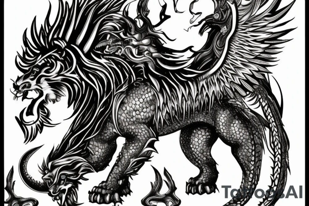 Tattoo, Portrait, Mystical lion dragon shaman pegasus, Lions mane, Dragons wings, Dragons claws, Crystal ball, Vertical orientation, Vertically stacked, Dark, Spiritual, No white lines, White background, Black and White, Dragon in negative space as wings, dragons feet holding ball, lions feet holding ball, lion in front of dragon tattoo idea