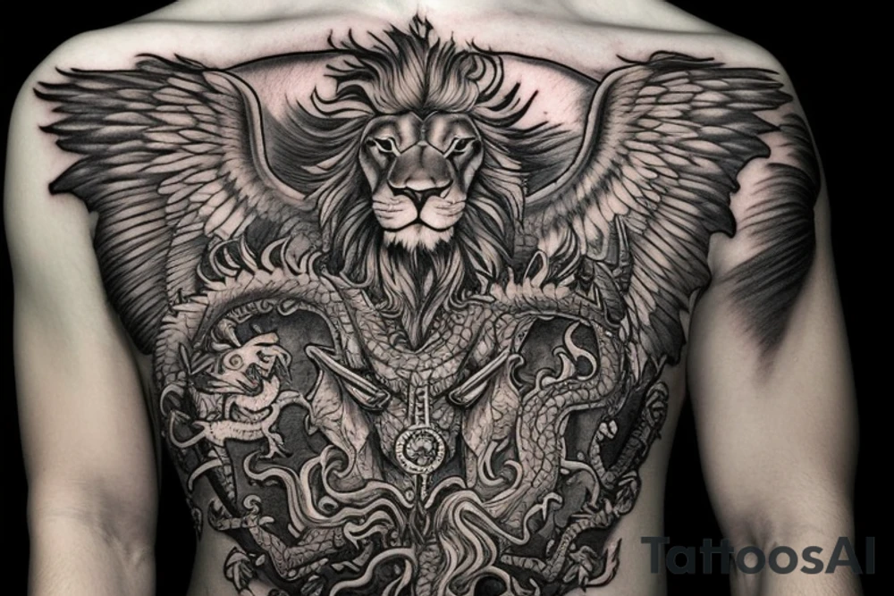 Tattoo, Portrait, Mystical lion dragon shaman pegasus, Lions mane, Dragons wings, Dragons claws, Crystal ball, Vertical orientation, Vertically stacked, Dark, Spiritual, No white lines, White background, Black and White, Dragon in negative space as wings, dragons feet holding ball, lions feet holding ball, lion in front of dragon tattoo idea
