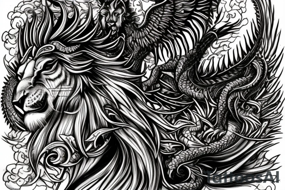 Tattoo, Portrait, Mystical lion dragon shaman pegasus, Lions mane, Dragons wings, Dragons claws, Crystal ball, Vertical orientation, Vertically stacked, Dark, Spiritual, No white lines, White background, Black and White, Dragon in negative space as wings, dragons feet holding ball, lions feet holding ball, lion in front of dragon tattoo idea