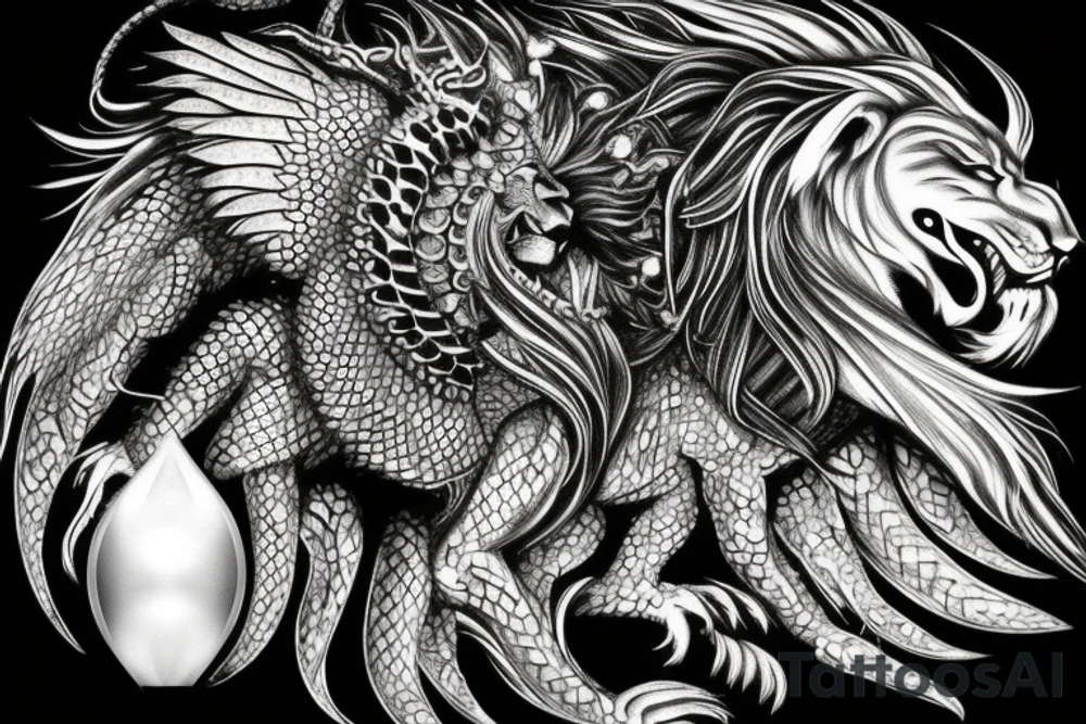 Tattoo, Portrait, Mystical lion dragon shaman pegasus, Lions mane, Dragons wings, Dragons claws, Crystal ball, Vertical orientation, Vertically stacked, Dark, Spiritual, No white lines, White background, Black and White, Dragon in negative space as wings, dragons feet holding ball, lions feet holding ball, lion in front of dragon tattoo idea