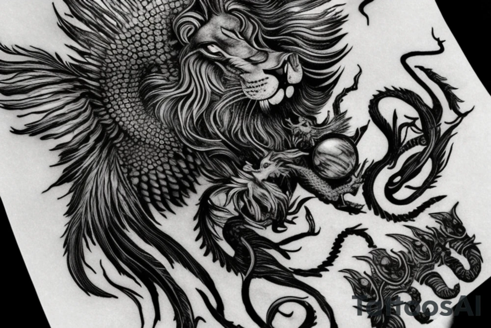 Tattoo, Portrait, Mystical lion dragon shaman pegasus, Lions mane, Dragons wings, Dragons claws, Crystal ball, Vertical orientation, Vertically stacked, Dark, Spiritual, No white lines, White background, Black and White, Dragon in negative space as wings, dragons feet holding ball, lions feet holding ball, lion in front of dragon tattoo idea