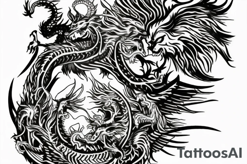 Tattoo, Portrait, Mystical lion dragon shaman pegasus, Lions mane, Dragons wings, Dragons claws, Crystal ball, Vertical orientation, Vertically stacked, Dark, Spiritual, No white lines, White background, Black and White, Dragon in negative space as wings, dragons feet holding ball, lions feet holding ball, lion in front of dragon tattoo idea
