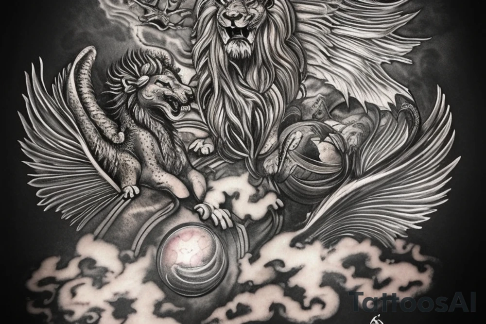 Tattoo, Portrait, Mystical lion dragon shaman pegasus, Lions mane, Dragons wings, Dragons claws, Crystal ball, Vertical orientation, Vertically stacked, Dark, Spiritual, No white lines, White background, Black and White, Dragon in negative space as wings, dragons feet holding ball, lions feet holding ball, lion in front of dragon tattoo idea