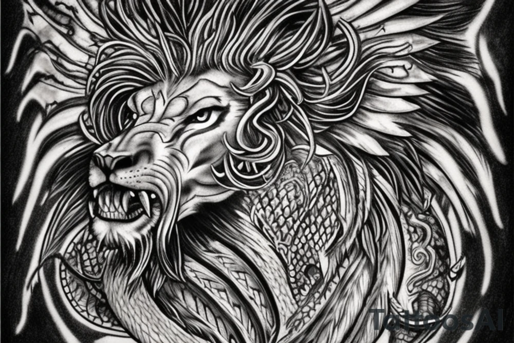 Tattoo, Portrait, Mystical lion dragon shaman pegasus, Lions mane, Dragons wings, Dragons claws, Crystal ball, Vertical orientation, Vertically stacked, Dark, Spiritual, No white lines, White background, Black and White, Dragon in negative space as wings, dragons feet holding ball, lions feet holding ball, lion in front of dragon tattoo idea