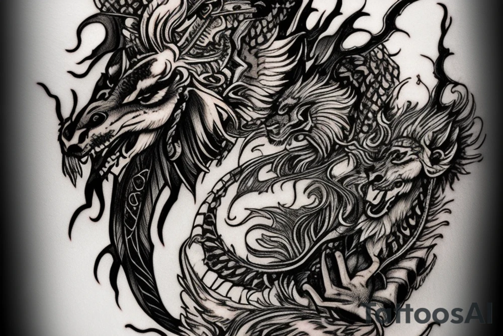 Tattoo, Portrait, Mystical lion dragon shaman pegasus, Lions mane, Dragons wings, Dragons claws, Crystal ball, Vertical orientation, Vertically stacked, Dark, Spiritual, No white lines, White background, Black and White, Dragon in negative space as wings, dragons feet holding ball, lions feet holding ball, lion in front of dragon tattoo idea