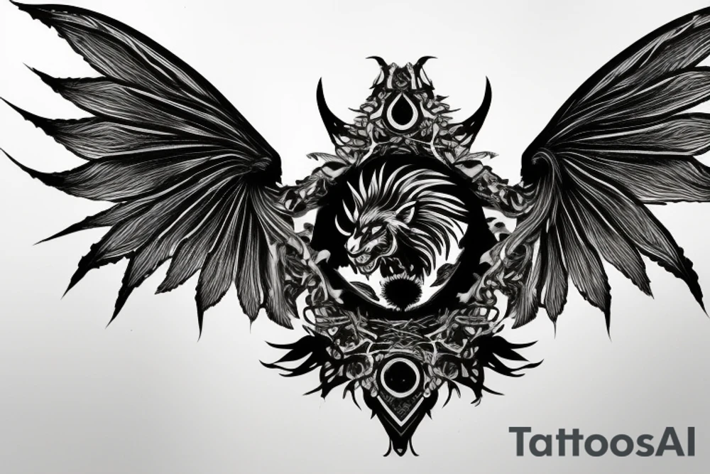 Tattoo, Portrait, Mystical lion dragon shaman pegasus, Lions mane, Dragons wings, Dragons claws, Crystal ball, Vertical orientation, Vertically stacked, Dark, Spiritual, No white lines, White background, Black and White, Dragon in negative space as wings, dragons feet holding ball, lions feet holding ball, lion in front of dragon tattoo idea
