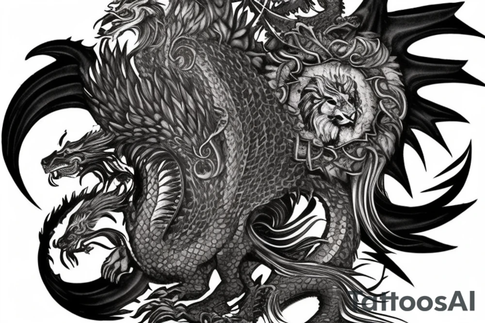 Tattoo, Portrait, Mystical lion dragon shaman pegasus, Lions mane, Dragons wings, Dragons claws, Crystal ball, Vertical orientation, Vertically stacked, Dark, Spiritual, No white lines, White background, Black and White, Dragon in negative space as wings, dragons feet holding ball, lions feet holding ball, lion in front of dragon tattoo idea