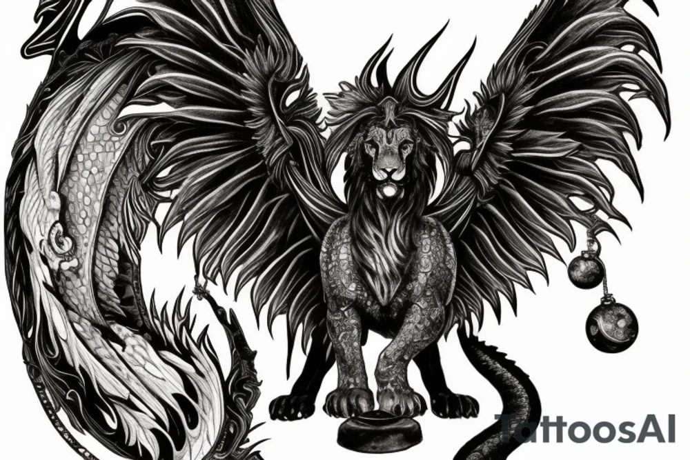Tattoo, Portrait, Mystical lion dragon shaman pegasus, Lions mane, Dragons wings, Dragons claws, Crystal ball, Vertical orientation, Vertically stacked, Dark, Spiritual, No white lines, White background, Black and White, Dragon in negative space as wings, dragons feet holding ball, lions feet holding ball, lion in front of dragon tattoo idea