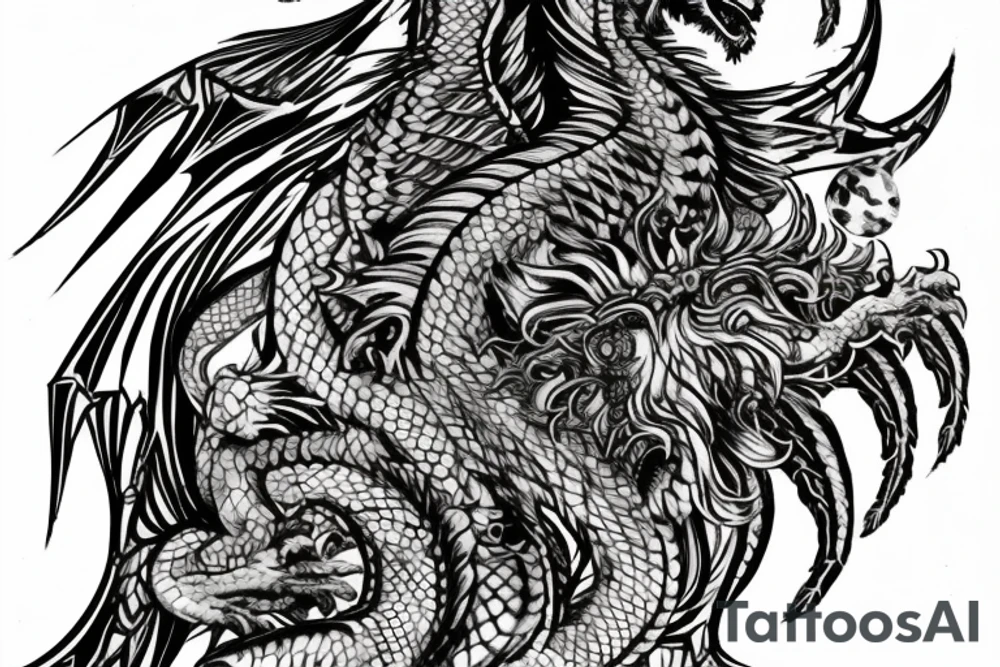 Tattoo, Portrait, Mystical lion dragon shaman pegasus, Lions mane, Dragons wings, Dragons claws, Crystal ball, Vertical orientation, Vertically stacked, Dark, Spiritual, No white lines, White background, Black and White, Dragon in negative space as wings, dragons feet holding ball, lions feet holding ball, lion in front of dragon tattoo idea