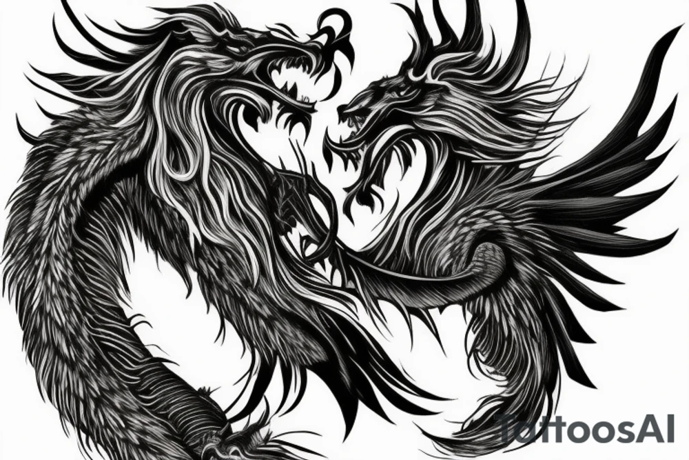 Tattoo, Portrait, Mystical lion dragon shaman pegasus, Lions mane, Dragons wings, Dragons claws, Crystal ball, Vertical orientation, Vertically stacked, Dark, Spiritual, No white lines, White background, Black and White, Dragon in negative space as wings, dragons feet holding ball, lions feet holding ball, lion in front of dragon tattoo idea