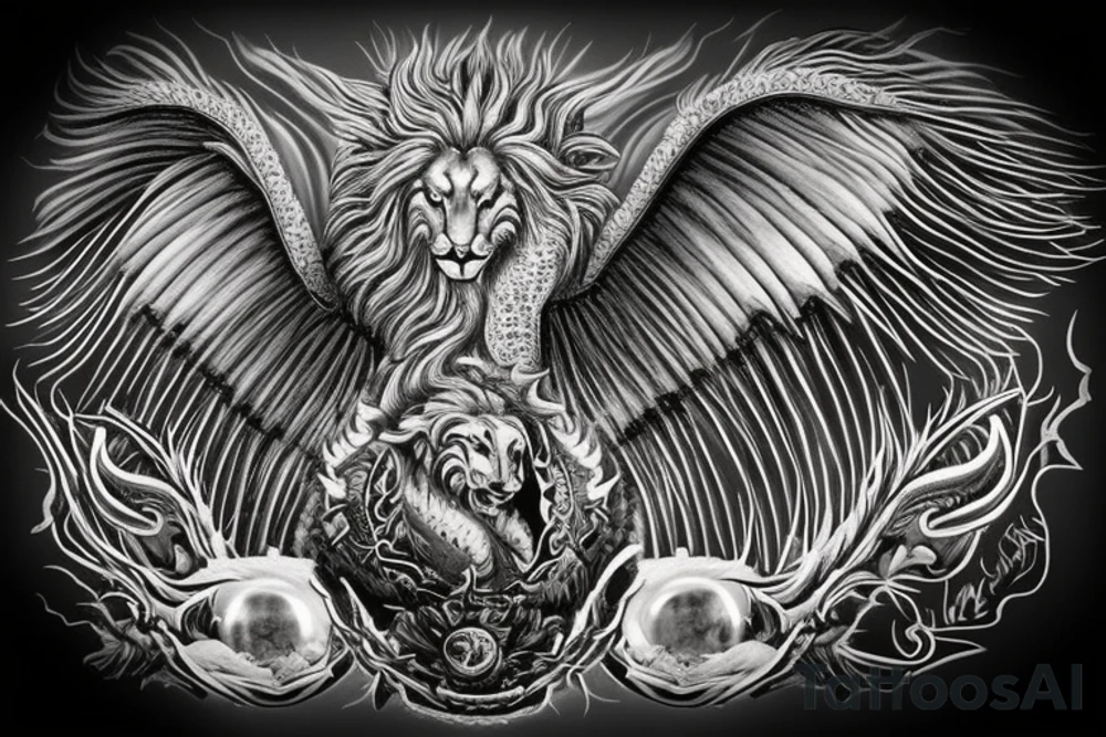 Tattoo, Portrait, Mystical lion dragon shaman pegasus, Lions mane, Dragons wings, Dragons claws, Crystal ball, Vertical orientation, Vertically stacked, Dark, Spiritual, No white lines, White background, Black and White, Dragon in negative space as wings, dragons feet holding ball, lions feet holding ball, lion in front of dragon tattoo idea