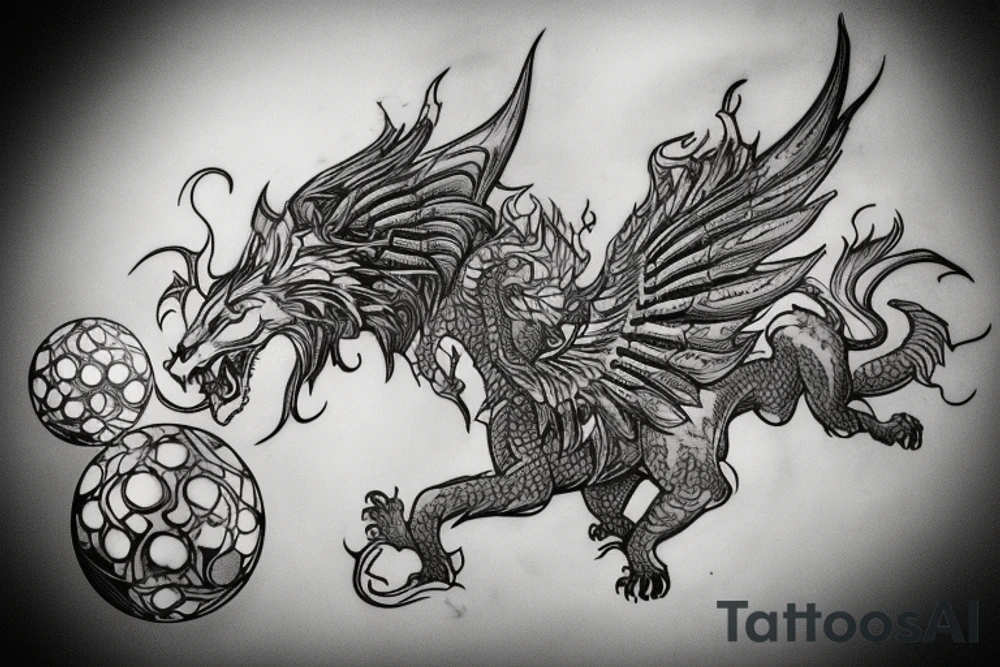 Tattoo, Portrait, Mystical lion dragon shaman pegasus, Lions mane, Dragons wings, Dragons claws, Crystal ball, Vertical orientation, Vertically stacked, Dark, Spiritual, No white lines, White background, Black and White, Dragon in negative space as wings, dragons feet holding ball, lions feet holding ball, lion in front of dragon tattoo idea