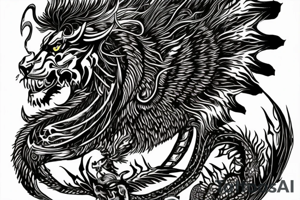 Tattoo, Portrait, Mystical lion dragon shaman pegasus, Lions mane, Dragons wings, Dragons claws, Crystal ball, Vertical orientation, Vertically stacked, Dark, Spiritual, No white lines, White background, Black and White, Dragon in negative space as wings, dragons feet holding ball, lions feet holding ball, lion in front of dragon tattoo idea