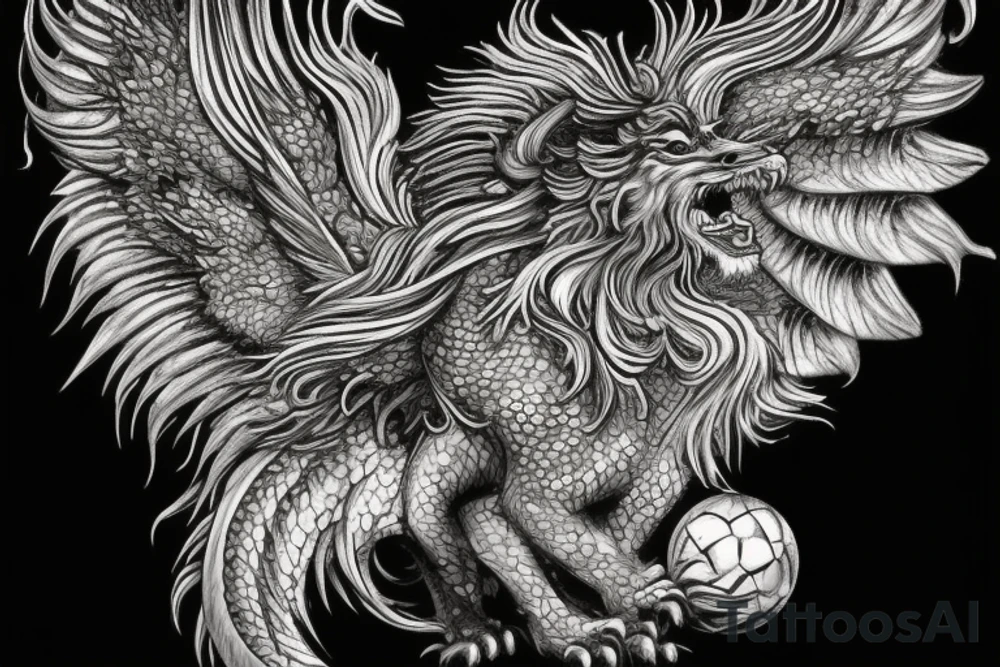 Tattoo, Portrait, Mystical lion dragon shaman pegasus, Lions mane, Dragons wings, Dragons claws, Crystal ball, Vertical orientation, Vertically stacked, Dark, Spiritual, No white lines, White background, Black and White, Dragon in negative space as wings, dragons feet holding ball, lions feet holding ball, lion in front of dragon tattoo idea