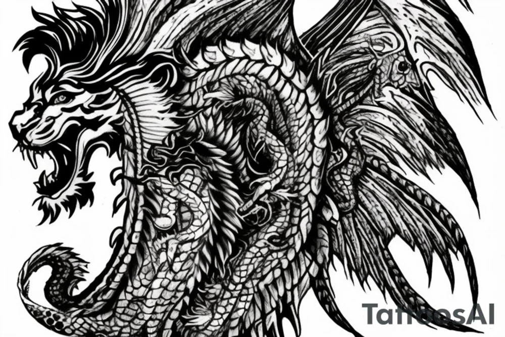Tattoo, Portrait, Mystical lion dragon shaman pegasus, Lions mane, Dragons wings, Dragons claws, Crystal ball, Vertical orientation, Vertically stacked, Dark, Spiritual, No white lines, White background, Black and White, Dragon in negative space as wings, dragons feet holding ball, lions feet holding ball, lion in front of dragon tattoo idea