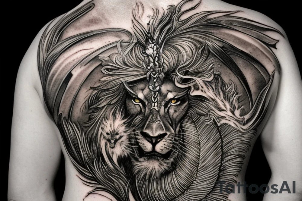 Tattoo, Portrait, Mystical lion dragon shaman pegasus, Lions mane, Dragons wings, Dragons claws, Crystal ball, Vertical orientation, Vertically stacked, Dark, Spiritual, No white lines, White background, Black and White, Dragon in negative space as wings, dragons feet holding ball, lions feet holding ball, lion in front of dragon tattoo idea