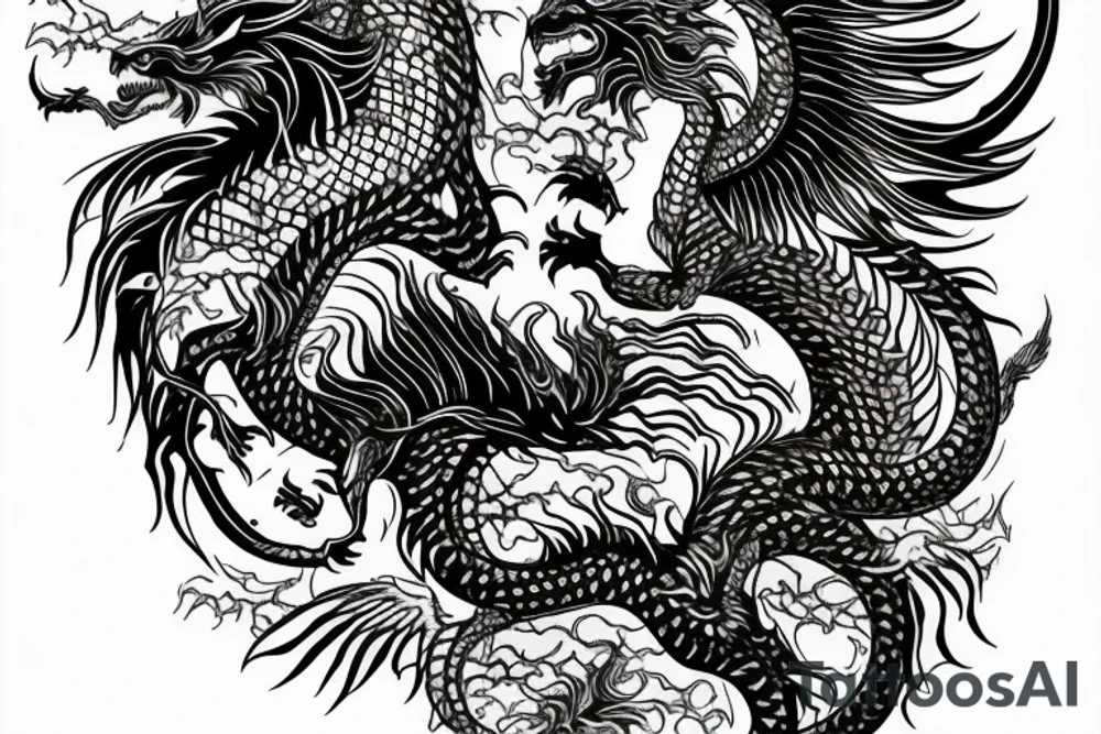 Tattoo, Portrait, Mystical lion dragon shaman pegasus, Lions mane, Dragons wings, Dragons claws, Crystal ball, Vertical orientation, Vertically stacked, Dark, Spiritual, No white lines, White background, Black and White, Dragon in negative space as wings, dragons feet holding ball, lions feet holding ball, lion in front of dragon tattoo idea