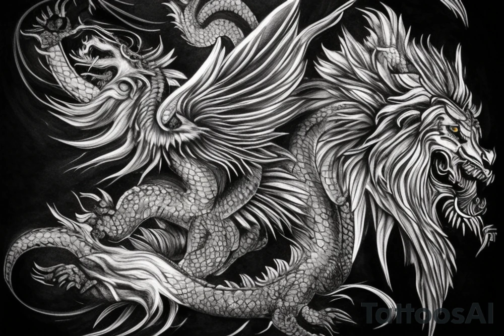Tattoo, Portrait, Mystical lion dragon shaman pegasus, Lions mane, Dragons wings, Dragons claws, Crystal ball, Vertical orientation, Vertically stacked, Dark, Spiritual, No white lines, White background, Black and White, Dragon in negative space as wings, dragons feet holding ball, lions feet holding ball, lion in front of dragon tattoo idea