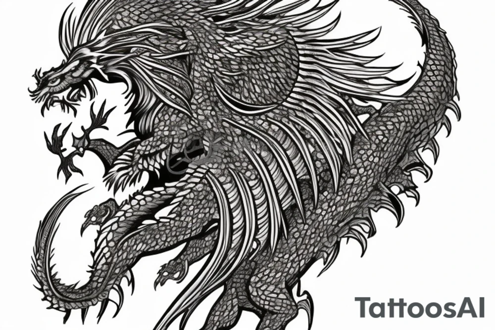 Tattoo, Portrait, Mystical lion dragon shaman pegasus, Lions mane, Dragons wings, Dragons claws, Crystal ball, Vertical orientation, Vertically stacked, Dark, Spiritual, No white lines, White background, Black and White, Dragon in negative space as wings, dragons feet holding ball, lions feet holding ball, lion in front of dragon tattoo idea