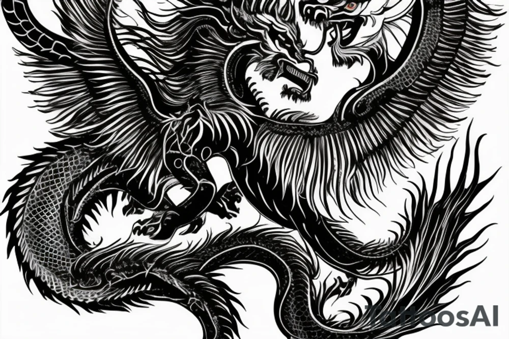 Tattoo, Portrait, Mystical lion dragon shaman pegasus, Lions mane, Dragons wings, Dragons claws, Crystal ball, Vertical orientation, Vertically stacked, Dark, Spiritual, No white lines, White background, Black and White, Dragon in negative space as wings, dragons feet holding ball, lions feet holding ball, lion in front of dragon tattoo idea