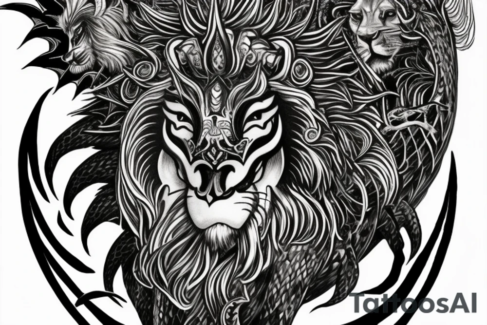 Tattoo, Portrait, Mystical lion dragon shaman pegasus, Lions mane, Dragons wings, Dragons claws, Crystal ball, Vertical orientation, Vertically stacked, Dark, Spiritual, No white lines, White background, Black and White, Dragon in negative space as wings, dragons feet holding ball, lions feet holding ball, lion in front of dragon tattoo idea