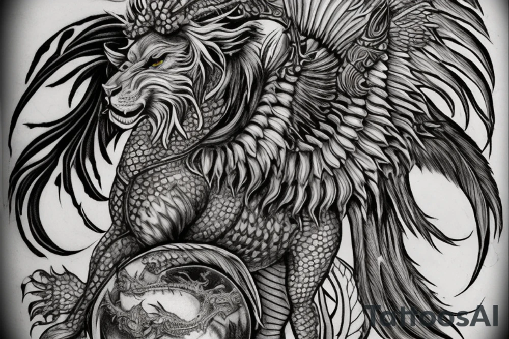 Tattoo, Portrait, Mystical lion dragon shaman pegasus, Lions mane, Dragons wings, Dragons claws, Crystal ball, Vertical orientation, Vertically stacked, Dark, Spiritual, No white lines, White background, Black and White, Dragon in negative space as wings, dragons feet holding ball, lions feet holding ball, lion in front of dragon tattoo idea