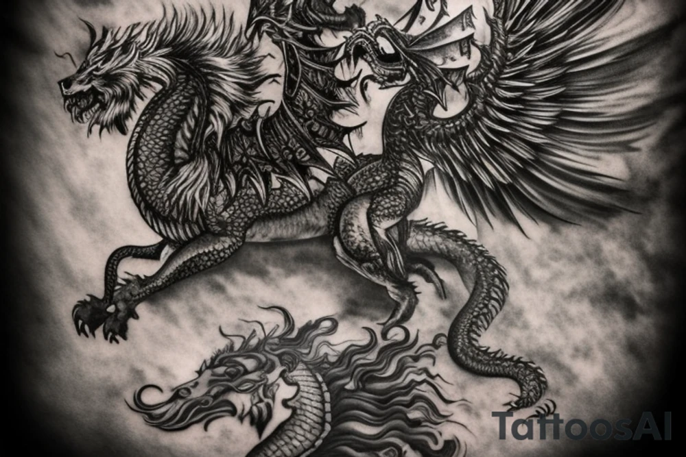 Tattoo, Portrait, Mystical lion dragon shaman pegasus, Lions mane, Dragons wings, Dragons claws, Crystal ball, Vertical orientation, Vertically stacked, Dark, Spiritual, No white lines, White background, Black and White, Dragon in negative space as wings, dragons feet holding ball, lions feet holding ball, lion in front of dragon tattoo idea