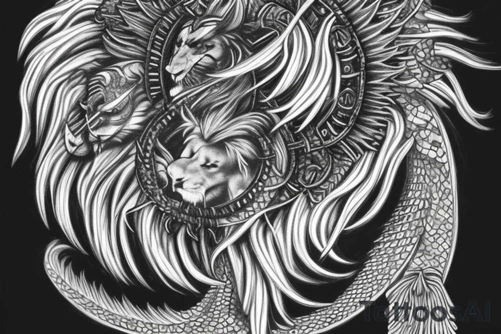 Tattoo, Portrait, Mystical lion dragon shaman pegasus, Lions mane, Dragons wings, Dragons claws, Crystal ball, Vertical orientation, Vertically stacked, Dark, Spiritual, No white lines, White background, Black and White, Dragon in negative space as wings, dragons feet holding ball, lions feet holding ball, lion in front of dragon tattoo idea
