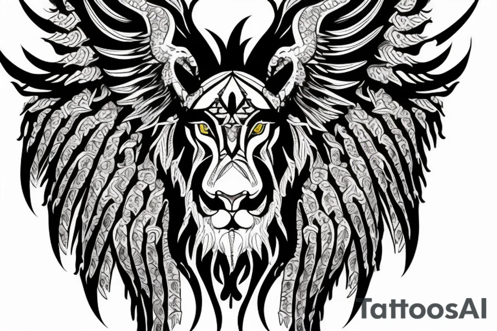 Tattoo, Portrait, Mystical lion dragon shaman pegasus, Lions mane, Dragons wings, Dragons claws, Crystal ball, Vertical orientation, Vertically stacked, Dark, Spiritual, No white lines, White background, Black and White, Dragon in negative space as wings, dragons feet holding ball, lions feet holding ball, lion in front of dragon tattoo idea